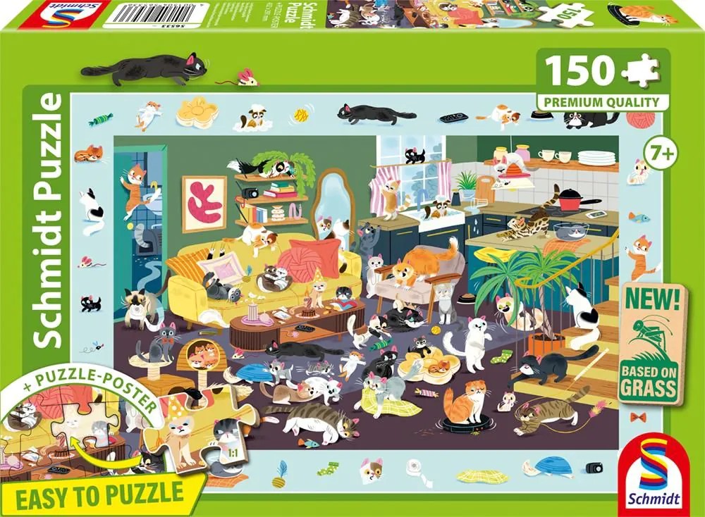 Schmidt 56533 - Lustiges Katzen-Gewimmel Puzzle mit Poster 150 Teile aus NATPAX® Graspappe
