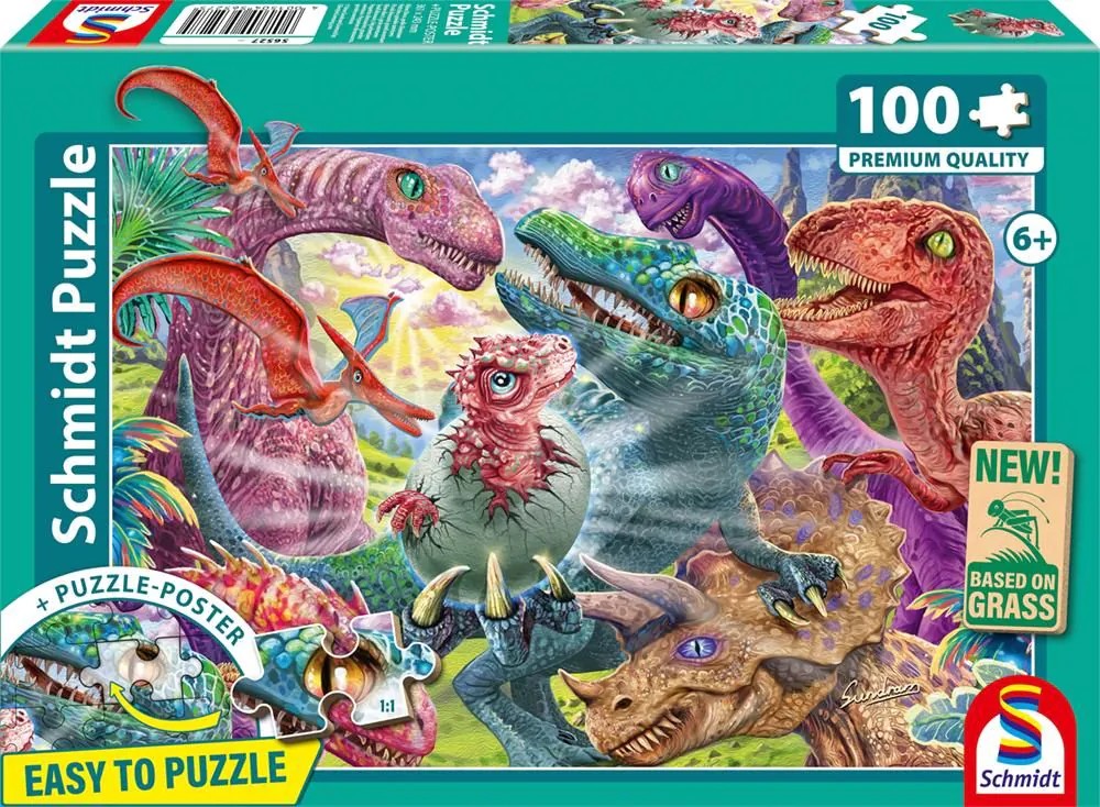 Schmidt 56527 - Kleine Dinos große Abenteuer Dinosaurier-Puzzle mit Poster 100 Teile aus NATPAX® Graspappe