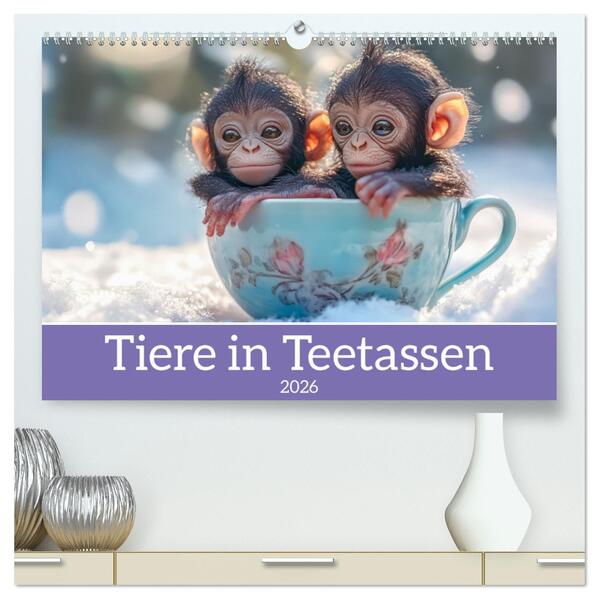 Tiere in Teetassen (hochwertiger Premium Wandkalender 2026 DIN A2 quer) Kunstdruck in Hochglanz