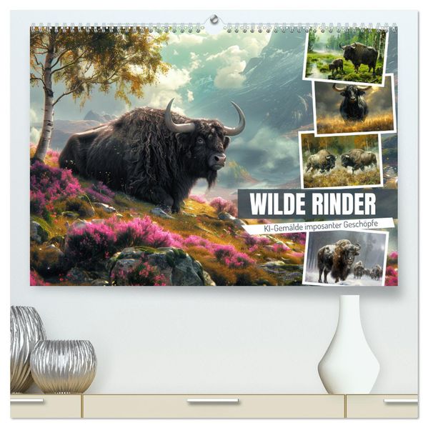Wilde Rinder (hochwertiger Premium Wandkalender 2026 DIN A2 quer) Kunstdruck in Hochglanz