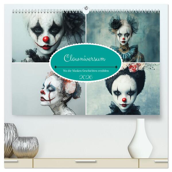 Clowniversum - Wo die Masken Geschichten erzählen (hochwertiger Premium Wandkalender 2026 DIN A2 quer) Kunstdruck in Hochglanz