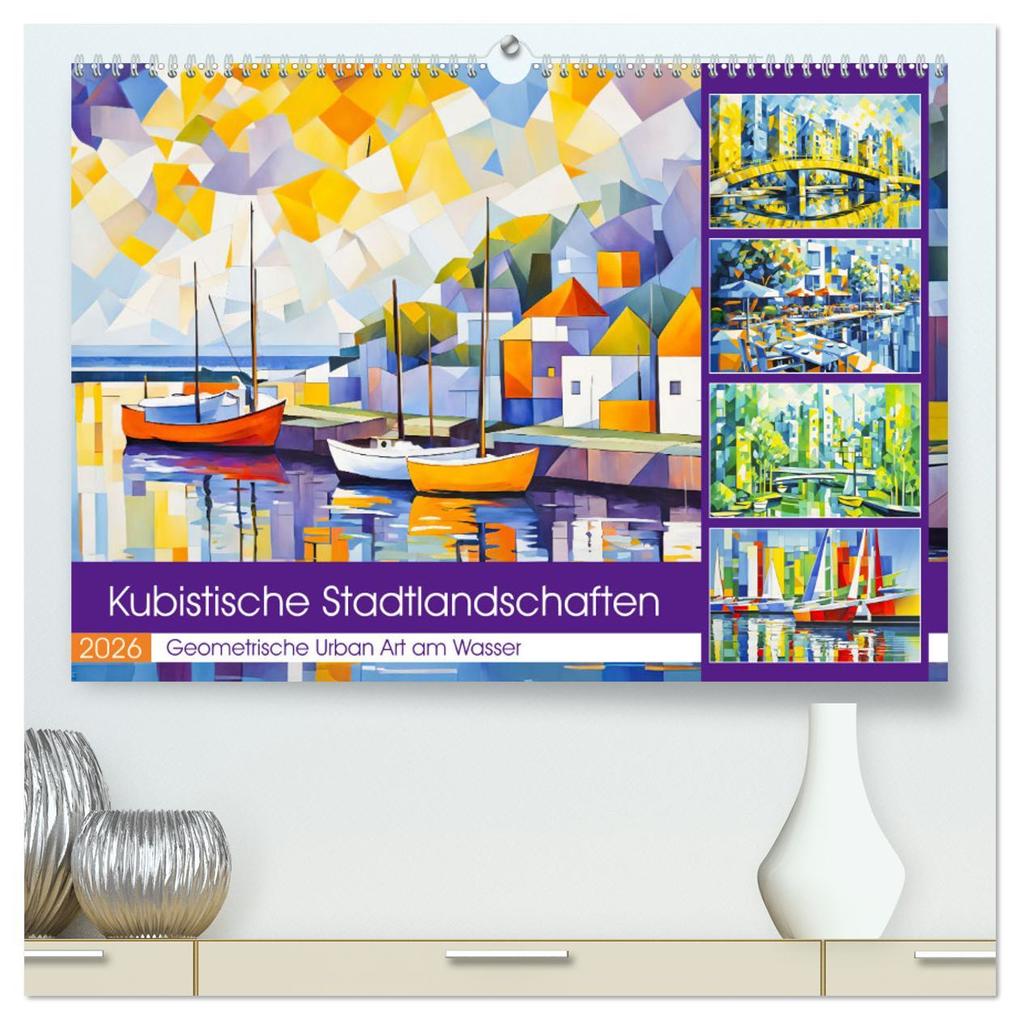 Kubistische Stadtlandschaften - Geometrische Urban Art am Wasser (hochwertiger Premium Wandkalender 2026 DIN A2 quer) Kunstdruck in Hochglanz