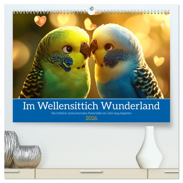 Im Wellensittich Wunderland (hochwertiger Premium Wandkalender 2026 DIN A2 quer) Kunstdruck in Hochglanz