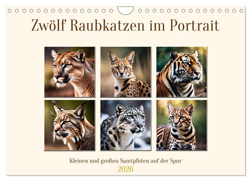 Zwölf Raubkatzen im Portrait (Wandkalender 2026 DIN A4 quer) CALVENDO Monatskalender
