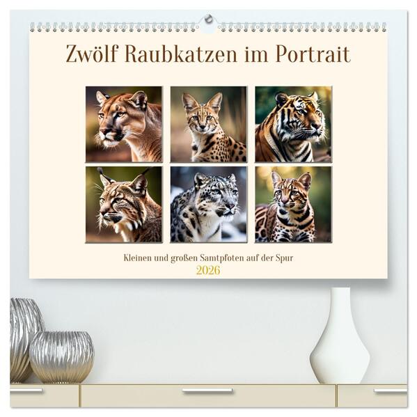 Zwölf Raubkatzen im Portrait (hochwertiger Premium Wandkalender 2026 DIN A2 quer) Kunstdruck in Hochglanz