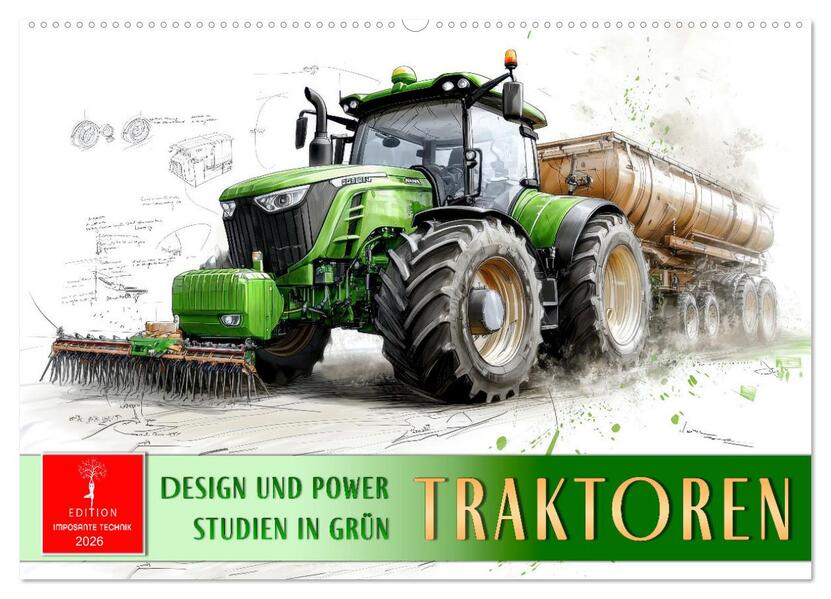 Traktoren - Design und Power Studien in Grün (Wandkalender 2026 DIN A2 quer) CALVENDO Monatskalender