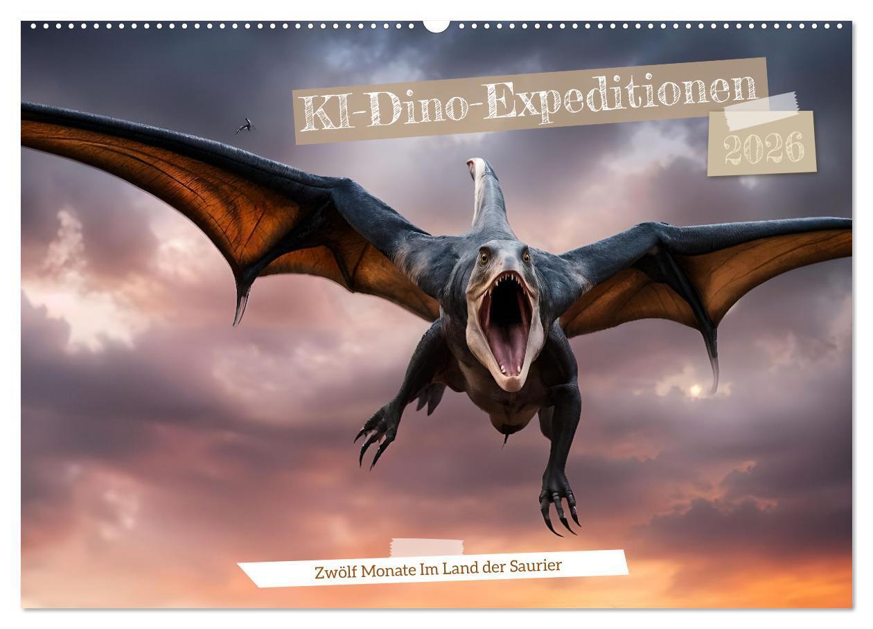 KI-Dino-Expeditionen Zwölf Monate im Land der Saurier (Wandkalender 2026 DIN A2 quer) CALVENDO Monatskalender