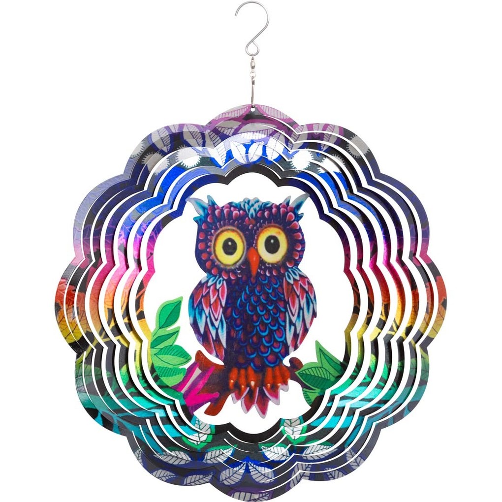 Kinetic Art 110266 - Kinetic Art: Metal Hanging Wind Spinner Metall Windspiel 30x38cm 3D Flashy Owl