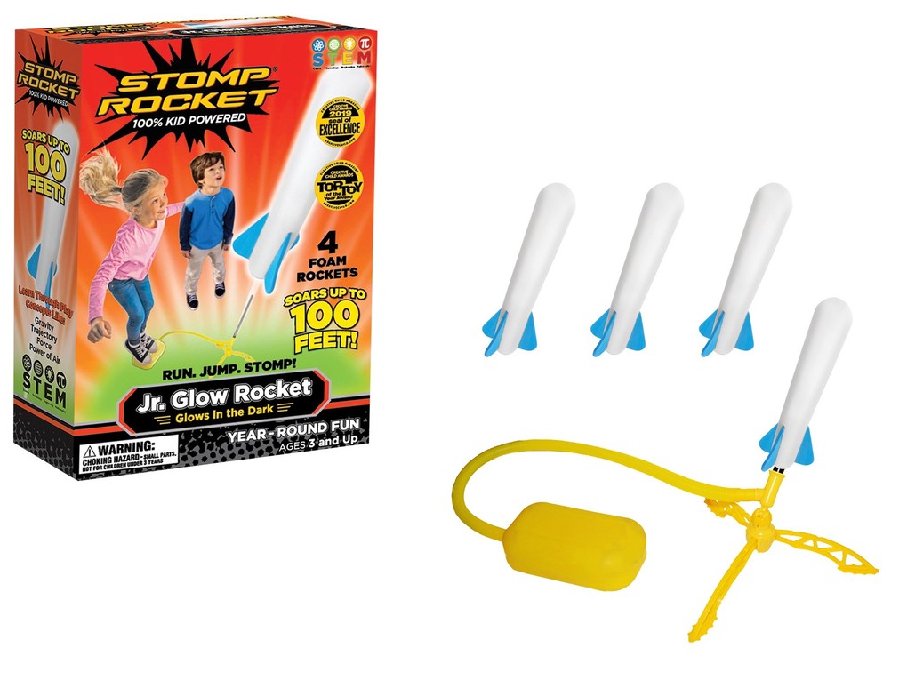 Stomp Rocket 365044 - Stomp Rocket Jr. Glow mit Startrampe und 4 Schaumstoffraketen mit Glow in the Dark-Effekt