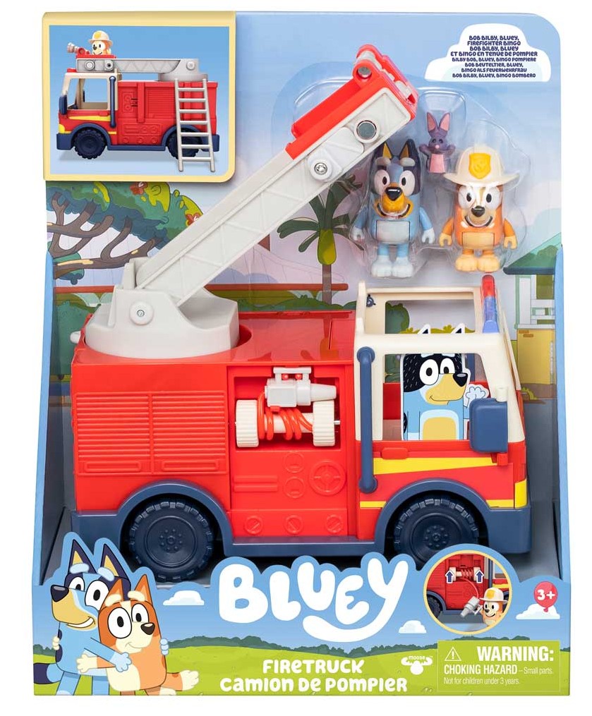 Moose Toys 300292 - BLUEY Feuerwehr mit Bingo & Bluey Figuren ausrollbarer Schlauch & abnehmbare Leiter