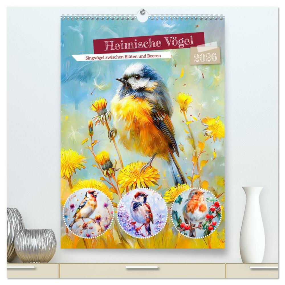 Heimische Vögel - Singvögel zwischen Blüten und Beeren (hochwertiger Premium Wandkalender 2026 DIN A2 hoch) Kunstdruck in Hochglanz