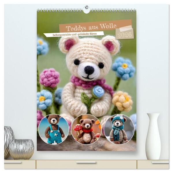 Teddys aus Wolle (hochwertiger Premium Wandkalender 2026 DIN A2 hoch) Kunstdruck in Hochglanz