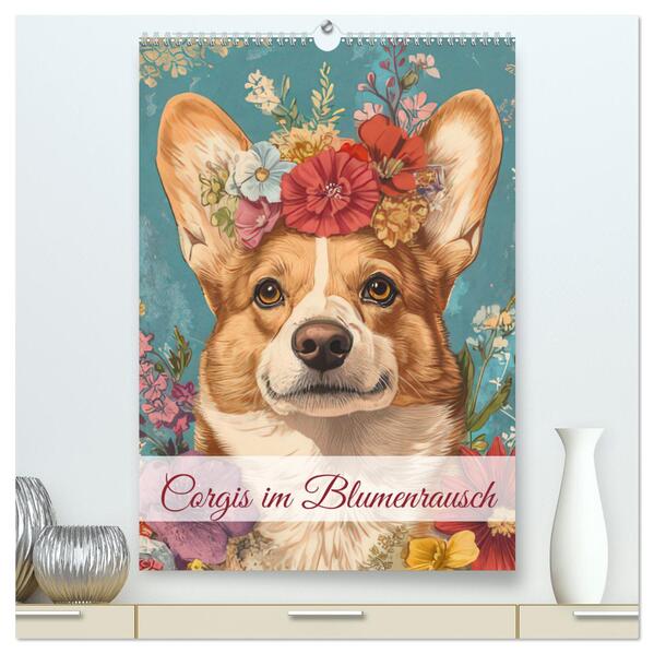 Corgis im Blumenrausch (hochwertiger Premium Wandkalender 2026 DIN A2 hoch) Kunstdruck in Hochglanz