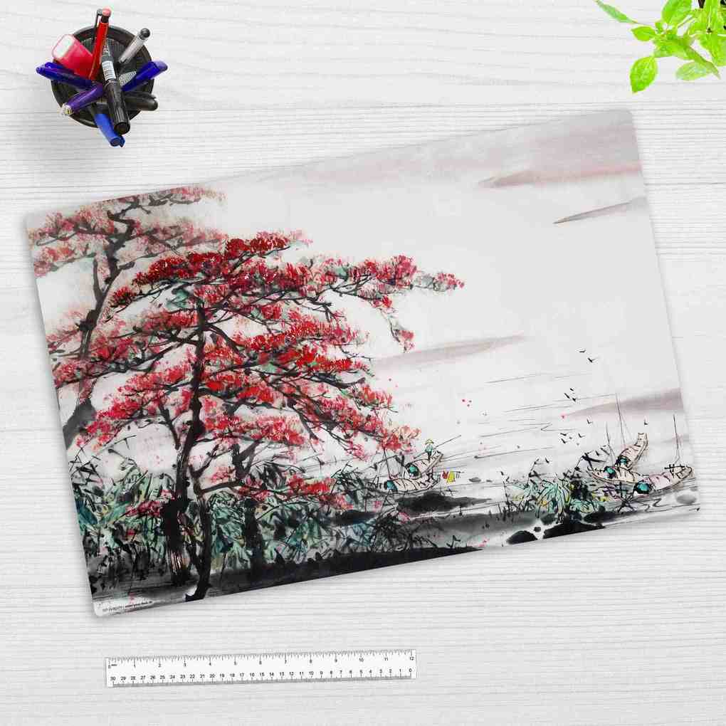Cover-your-desk Schreibtischunterlage für Kinder und Erwachsene Chinesische Malerei - Baum am Fluss aus hochwertigem Vinyl 60 x 40 cm