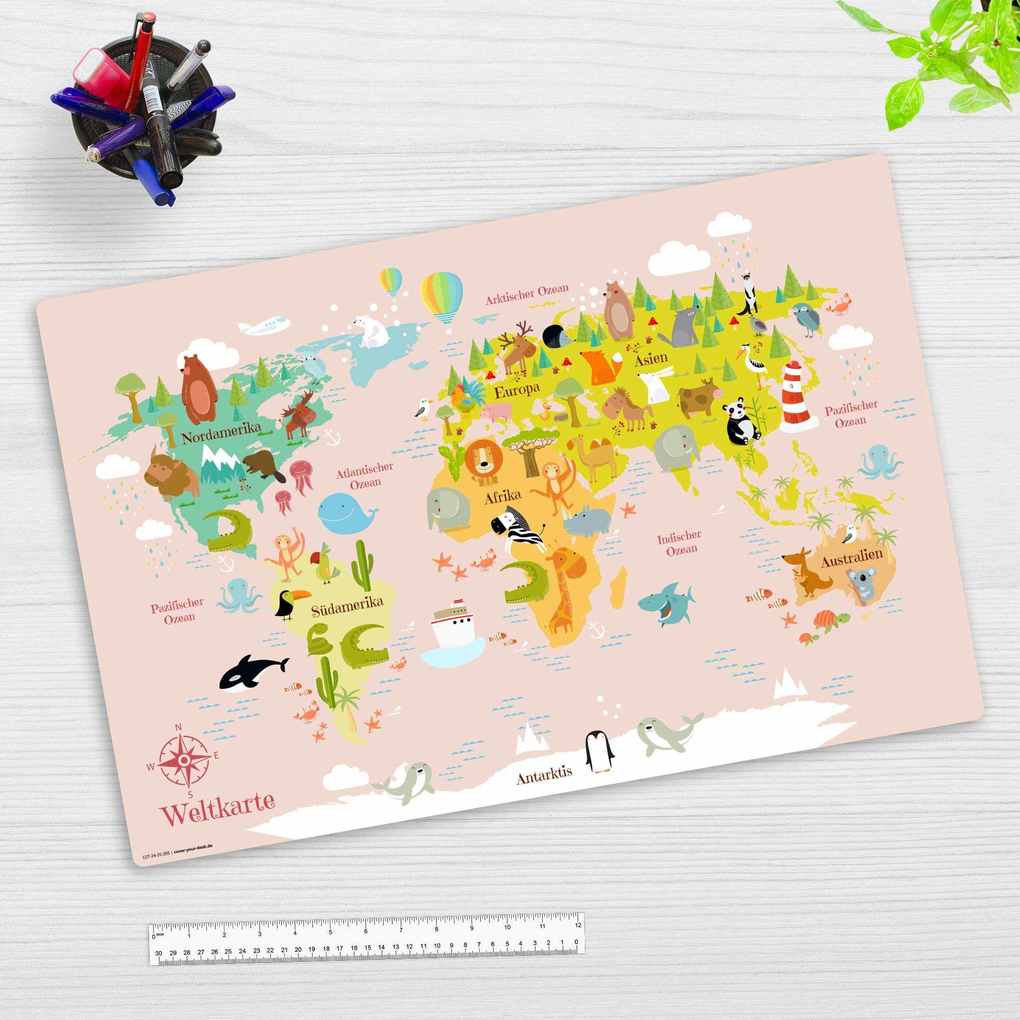 Cover-your-desk Schreibtischunterlage für Kinder Weltkarte in rosa für Kinder aus hochwertigem Vinyl 60 x 40 cm