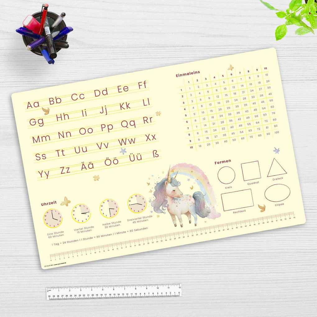 Cover-your-desk Schreibtischunterlage für Kinder Lernunterlage Einschulung Einhorn Optik ABC 1x1 Uhrzeiten aus hochwertigem Vinyl 60 x 40 cm