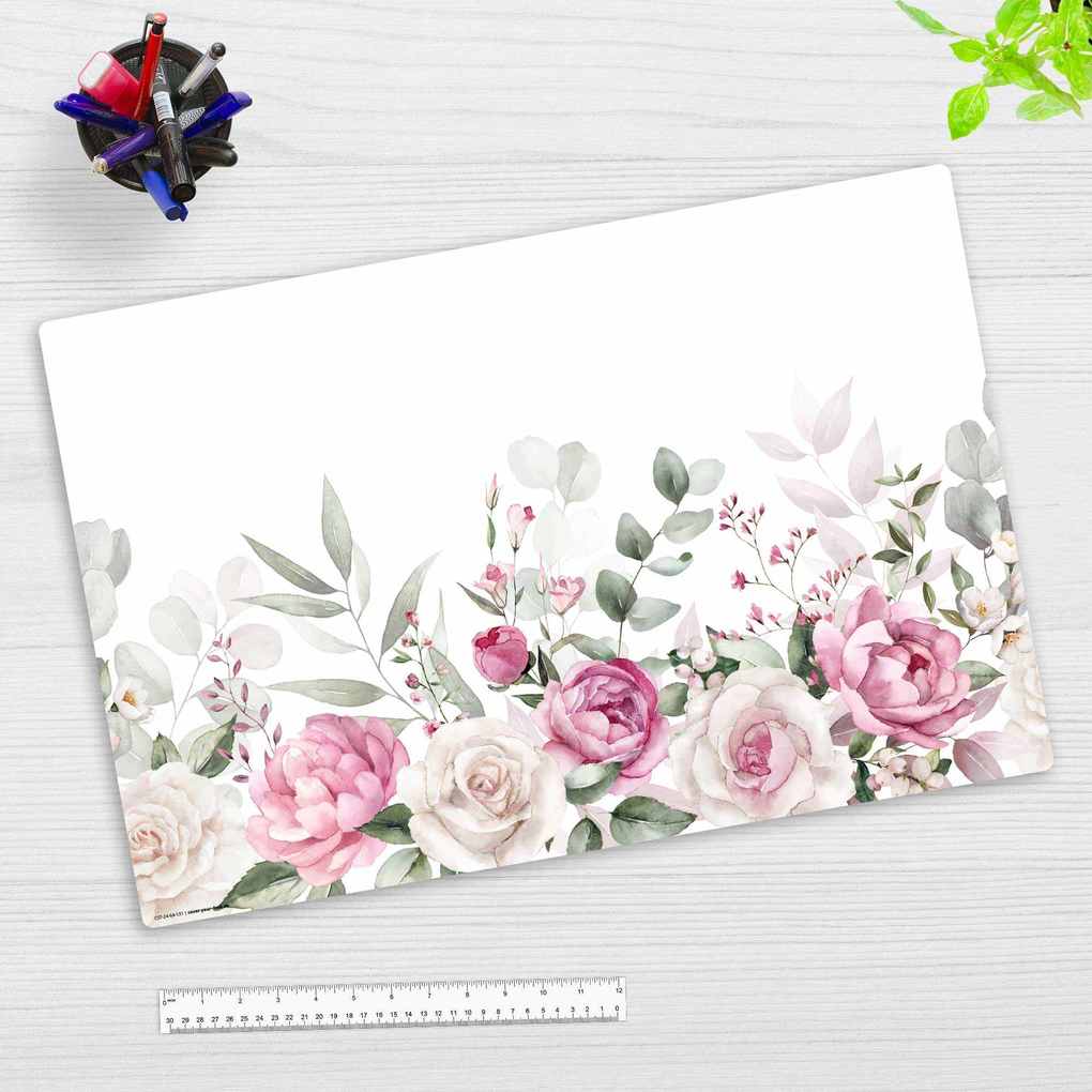 Cover-your-desk Schreibtischunterlage für Kinder und Erwachsene Rosa Rosen und Eukalyptus Aquarell aus hochwertigem Vinyl 60 x 40 cm