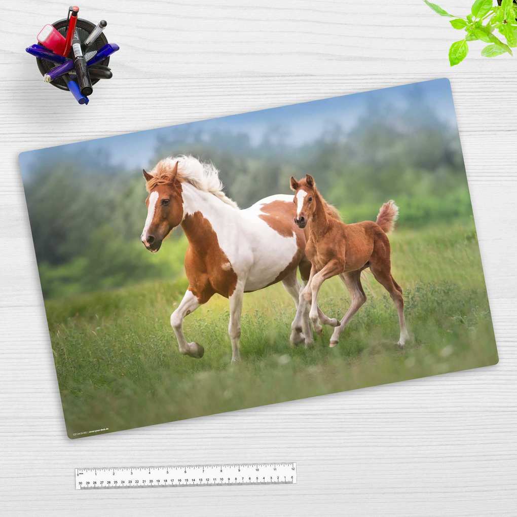 Cover-your-desk Schreibtischunterlage für Kinder Pferde Mama mit Fohlen aus hochwertigem Vinyl 60 x 40 cm