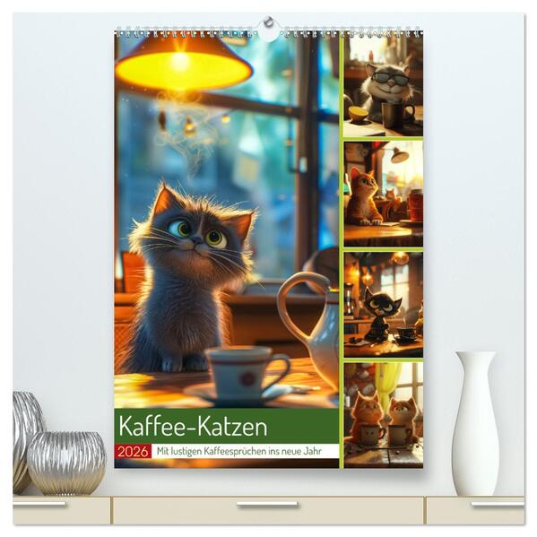 Kaffee-Katzen (hochwertiger Premium Wandkalender 2026 DIN A2 hoch) Kunstdruck in Hochglanz