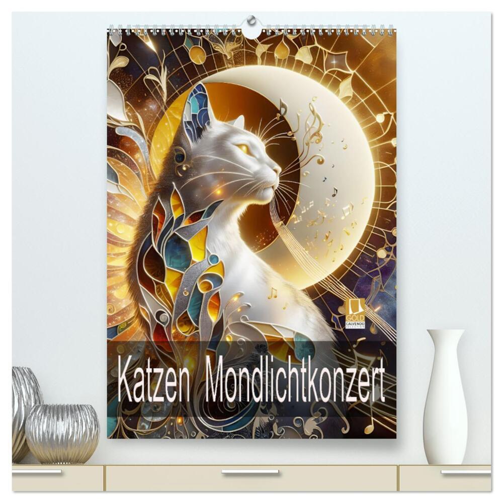 Katzen Mondlichtkonzert (hochwertiger Premium Wandkalender 2026 DIN A2 hoch) Kunstdruck in Hochglanz