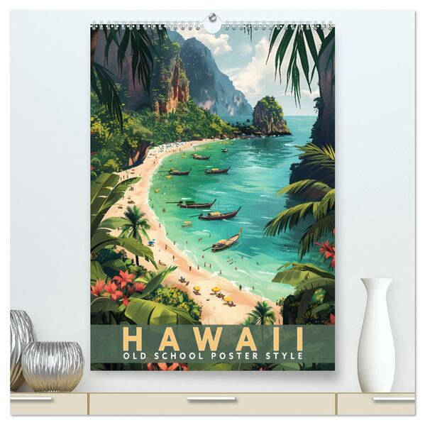 Hawaii - Old School Poster Style (hochwertiger Premium Wandkalender 2026 DIN A2 hoch) Kunstdruck in Hochglanz