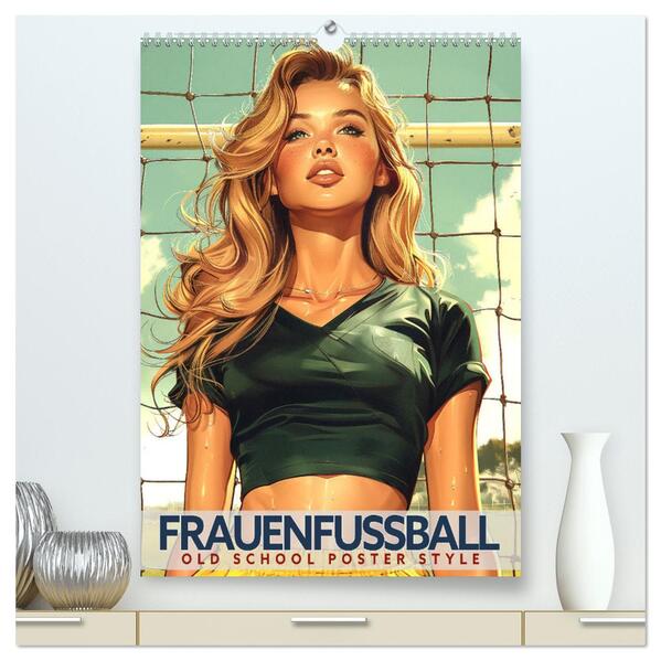 Frauenfußball - Old School Poster Style (hochwertiger Premium Wandkalender 2026 DIN A2 hoch) Kunstdruck in Hochglanz