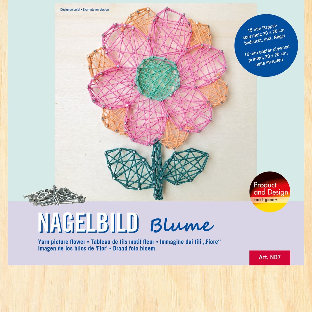 PEBARO NB7 - Nagelbild Blume Fadenbild Fadenspannbild String Art mit Motiv Blume 20x20cm Bastelset