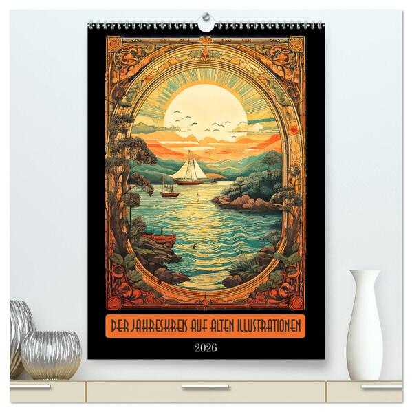 Der Jahreskreis auf alten Illustrationen (hochwertiger Premium Wandkalender 2026 DIN A2 hoch) Kunstdruck in Hochglanz