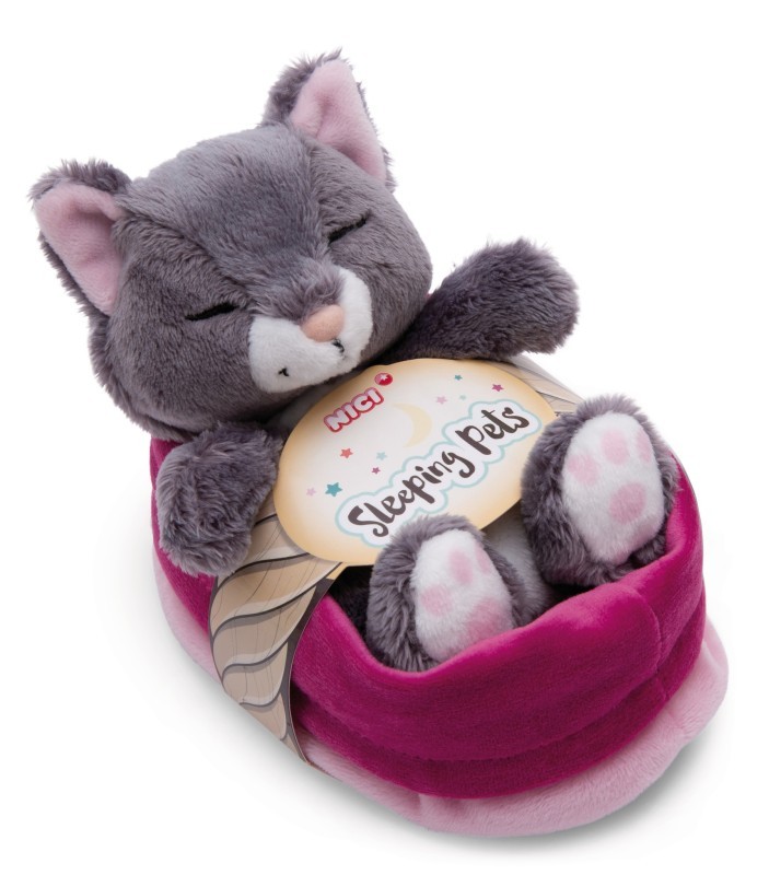 NICI - Sleeping Pets - Green - Katze grau 12cm schlafend im Körbchen rosa