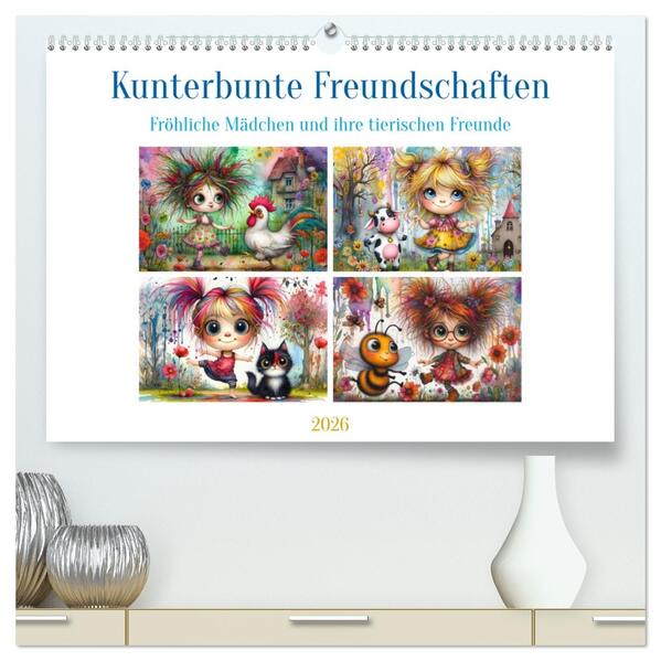 Kunterbunte Freundschaften - Fröhliche Mädchen und ihre tierischen Freunde (hochwertiger Premium Wandkalender 2026 DIN A2 quer) Kunstdruck in Hochglanz