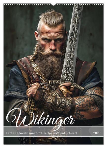 Wikinger - Fantasie Nordmänner mit Tattoo Axt und Schwert (Wandkalender 2026 DIN A2 hoch) CALVENDO Monatskalender
