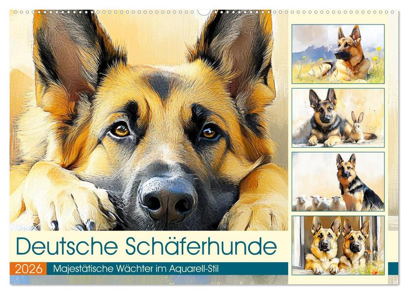 Deutsche Schäferhunde. Majestätische Wächter im Aquarell-Stil (Wandkalender 2026 DIN A2 quer) CALVENDO Monatskalender