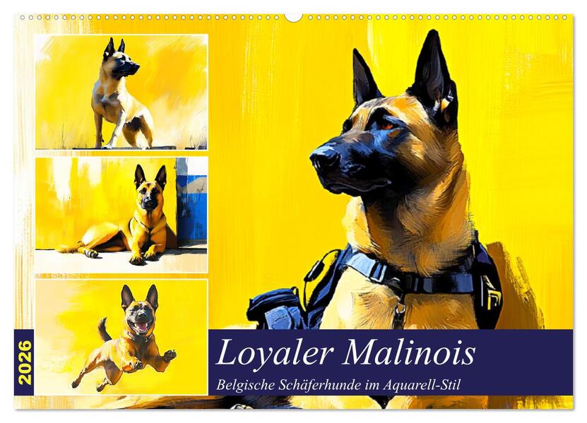 Loyaler Malinois. Belgische Schäferhunde im Aquarell-Stil (Wandkalender 2026 DIN A2 quer) CALVENDO Monatskalender