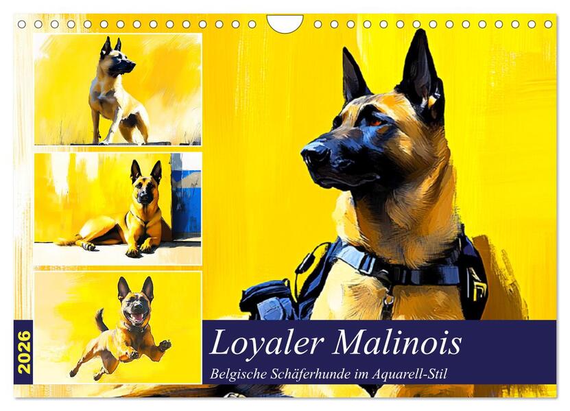 Loyaler Malinois. Belgische Schäferhunde im Aquarell-Stil (Wandkalender 2026 DIN A4 quer) CALVENDO Monatskalender