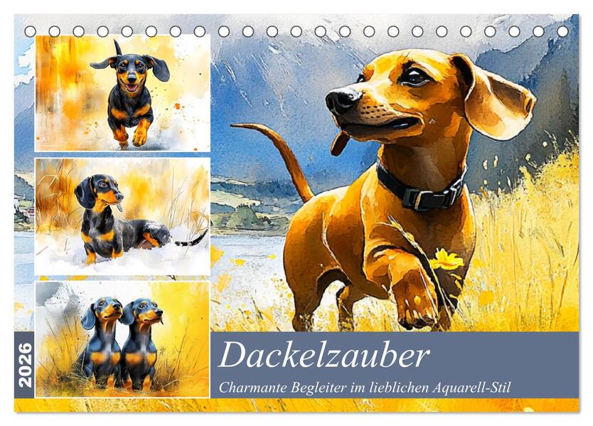 Dackelzauber. Charmante Begleiter im lieblichen Aquarell-Stil (Tischkalender 2026 DIN A5 quer) CALVENDO Monatskalender