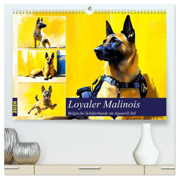 Loyaler Malinois. Belgische Schäferhunde im Aquarell-Stil (hochwertiger Premium Wandkalender 2026 DIN A2 quer) Kunstdruck in Hochglanz