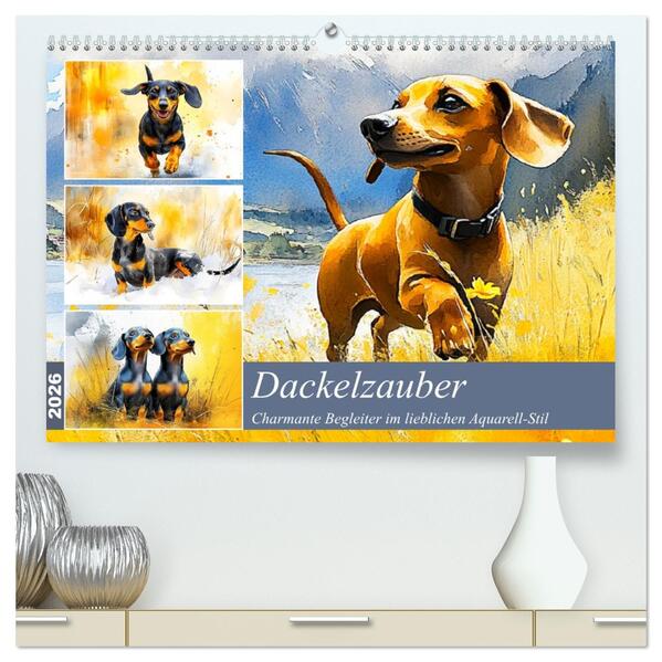 Dackelzauber. Charmante Begleiter im lieblichen Aquarell-Stil (hochwertiger Premium Wandkalender 2026 DIN A2 quer) Kunstdruck in Hochglanz