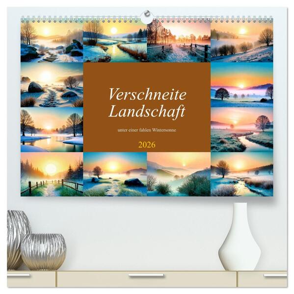 Verschneite Landschaft unter einer fahlen Wintersonne (hochwertiger Premium Wandkalender 2026 DIN A2 quer) Kunstdruck in Hochglanz