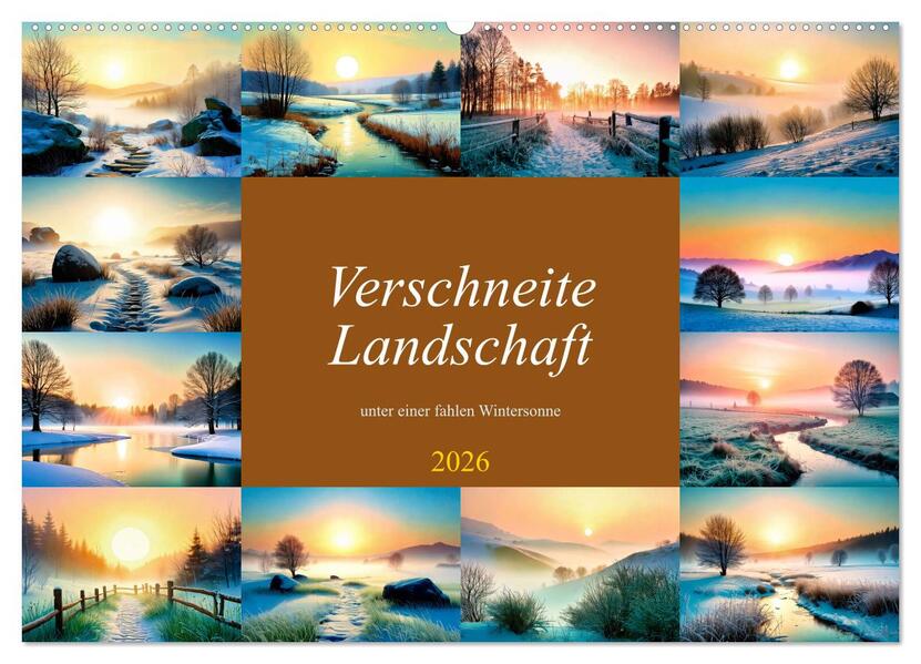 Verschneite Landschaft unter einer fahlen Wintersonne (Wandkalender 2026 DIN A2 quer) CALVENDO Monatskalender