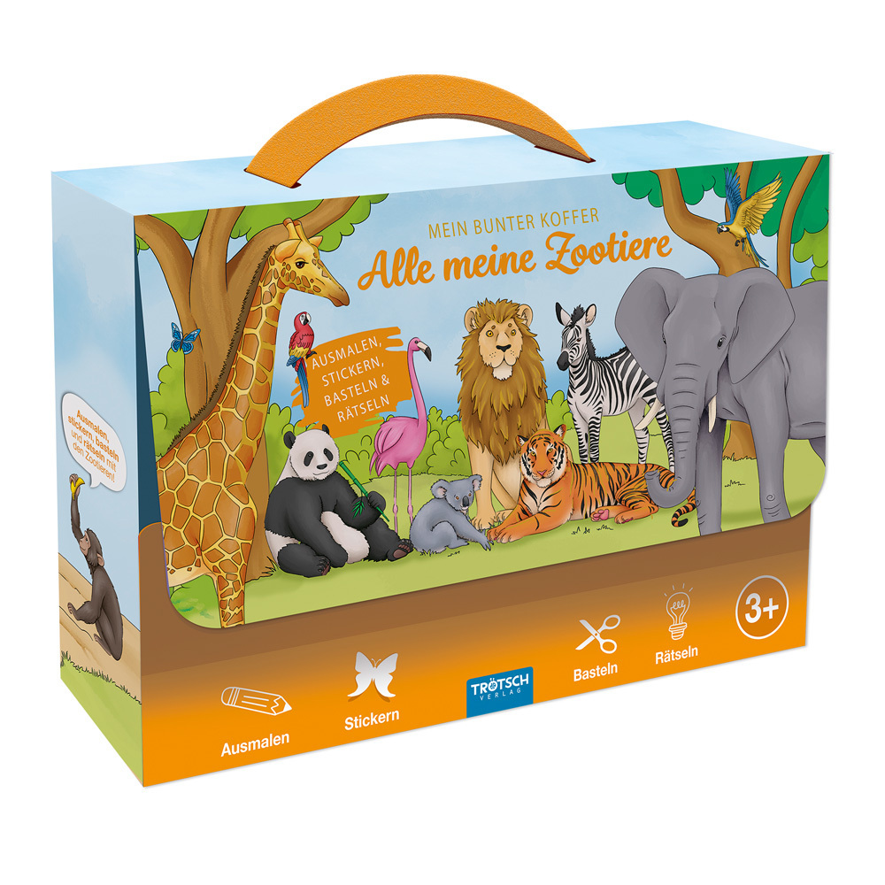 TRÖTSCH - Beschäftigungskoffer Mein bunter Koffer Alle meine Zootiere | Koffer mit einem Spiel- und Malbuch Stickerseiten und Minipostern | Ab 3 Jahren