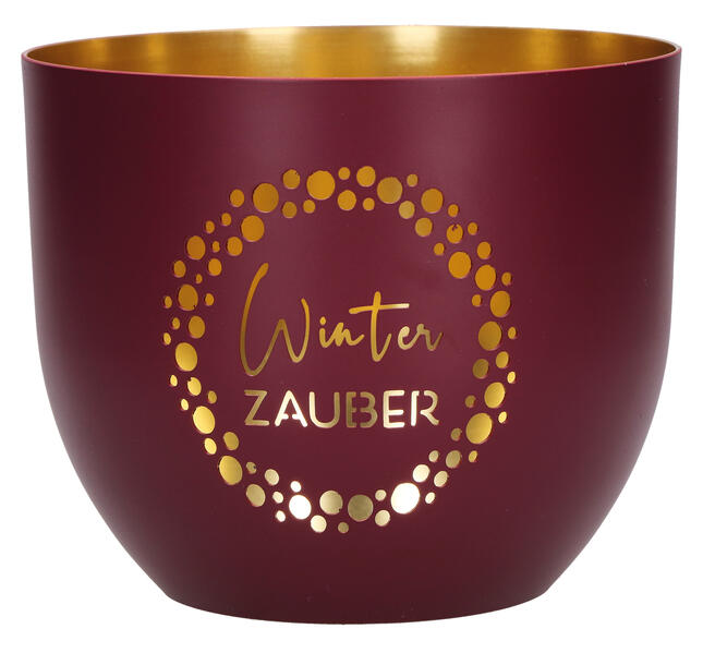 Butzon & Bercker Metall-Windlicht Ø 11 cm Winterzauber - dunkelrot-matt durchbrochenes Motiv innen goldveredelt Lieferung in Geschenkverpackung