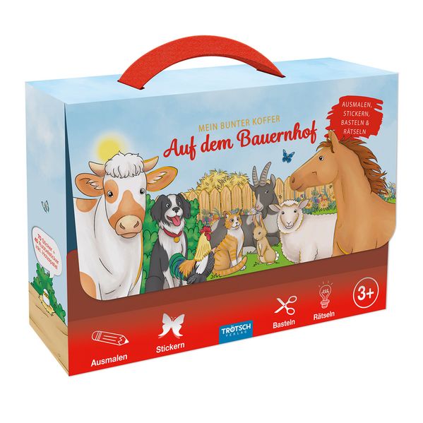 TRÖTSCH - Beschäftigungskoffer Mein bunter Koffer Auf dem Bauernhof | Koffer mit einem Spiel- und Malbuch Stickerseiten und Minipostern | Ab 3 Jahren