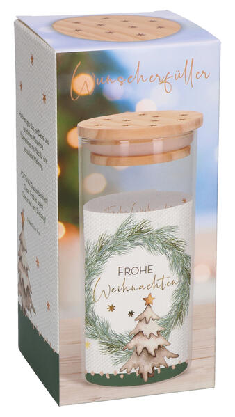 Butzon & Bercker Geldgeschenk Wunscherfüller zu Weihnachten 14 cm - Glasbehälter mit Massivholzdeckel veredeltem Einleger für persönliche Widmung Lieferung in Geschenkverpackung