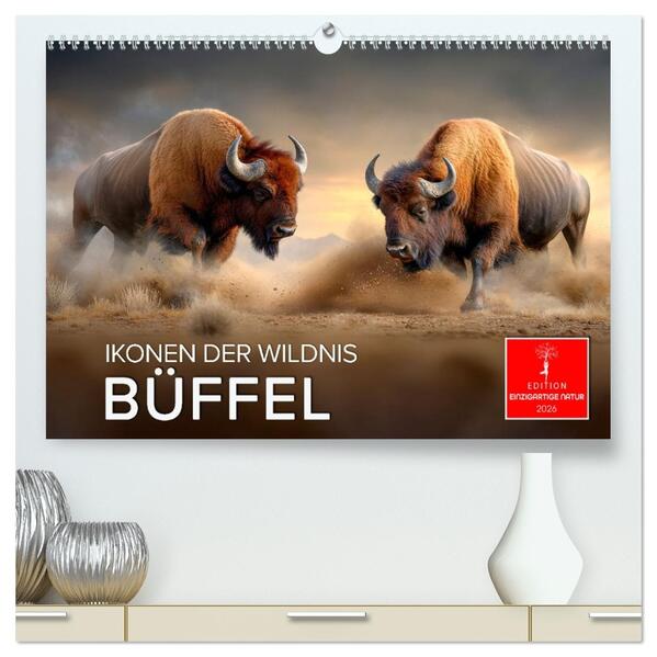 Büffel - Ikonen der Wildnis (hochwertiger Premium Wandkalender 2026 DIN A2 quer) Kunstdruck in Hochglanz