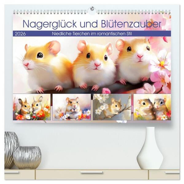 Nagerglück und Blütenzauber. Niedliche Tierchen im romantischen Stil (hochwertiger Premium Wandkalender 2026 DIN A2 quer) Kunstdruck in Hochglanz