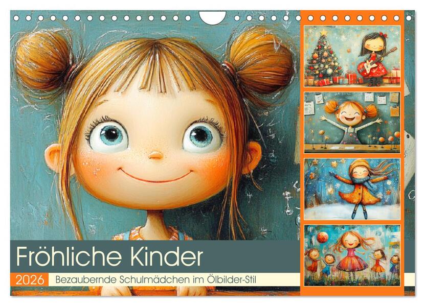 Fröhliche Kinder. Bezaubernde Schulmädchen im Ölbilder-Stil (Wandkalender 2026 DIN A4 quer) CALVENDO Monatskalender