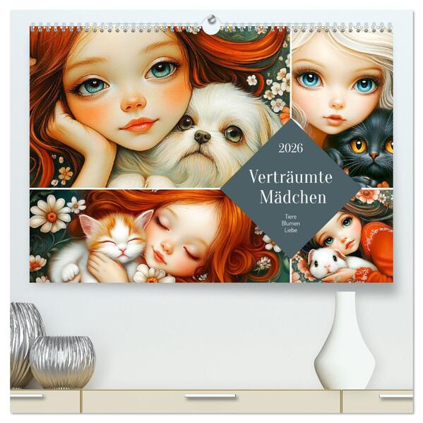 Verträumte Mädchen. Tiere Blumen Liebe. (hochwertiger Premium Wandkalender 2026 DIN A2 quer) Kunstdruck in Hochglanz