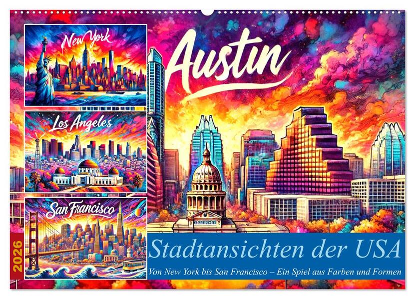 Stadtansichten der USA in Tusche (Wandkalender 2026 DIN A2 quer) CALVENDO Monatskalender