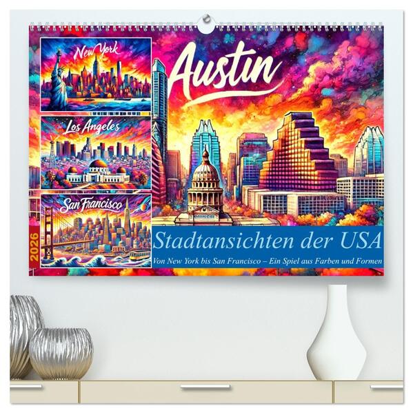 Stadtansichten der USA in Tusche (hochwertiger Premium Wandkalender 2026 DIN A2 quer) Kunstdruck in Hochglanz