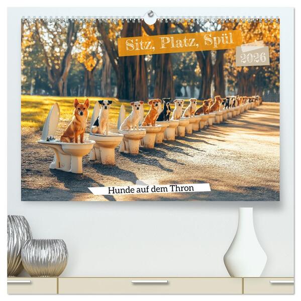 Sitz Platz Spül - Hunde auf dem Thron (hochwertiger Premium Wandkalender 2026 DIN A2 quer) Kunstdruck in Hochglanz